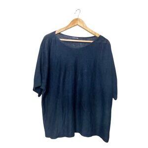 Eileen Fisher Navy Blue Organic Linen Cotton Knit Short Sleeve Sweater Top L/XL